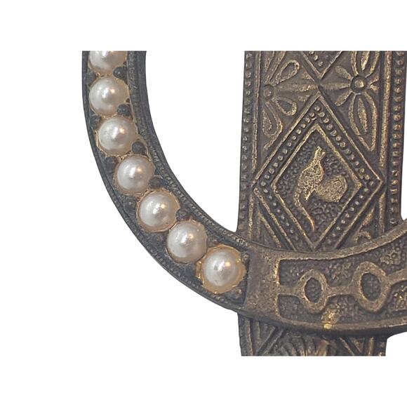 Vintage Victorian Revival Brass Brooch Faux Pearl Amber Glass Cabochons Celtic - Picture 5 of 11